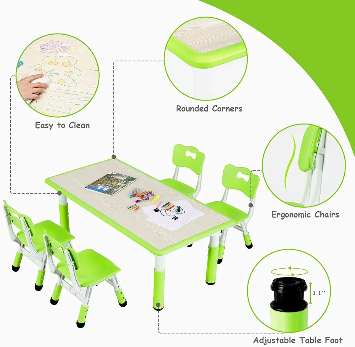 2026 NewLAZY BUDDY Kids Table and 4 Chairs Set, Height Adjustable Toddler Desk with Graffiti Desktop, Kids Activity Table Set for Daycare, Home
