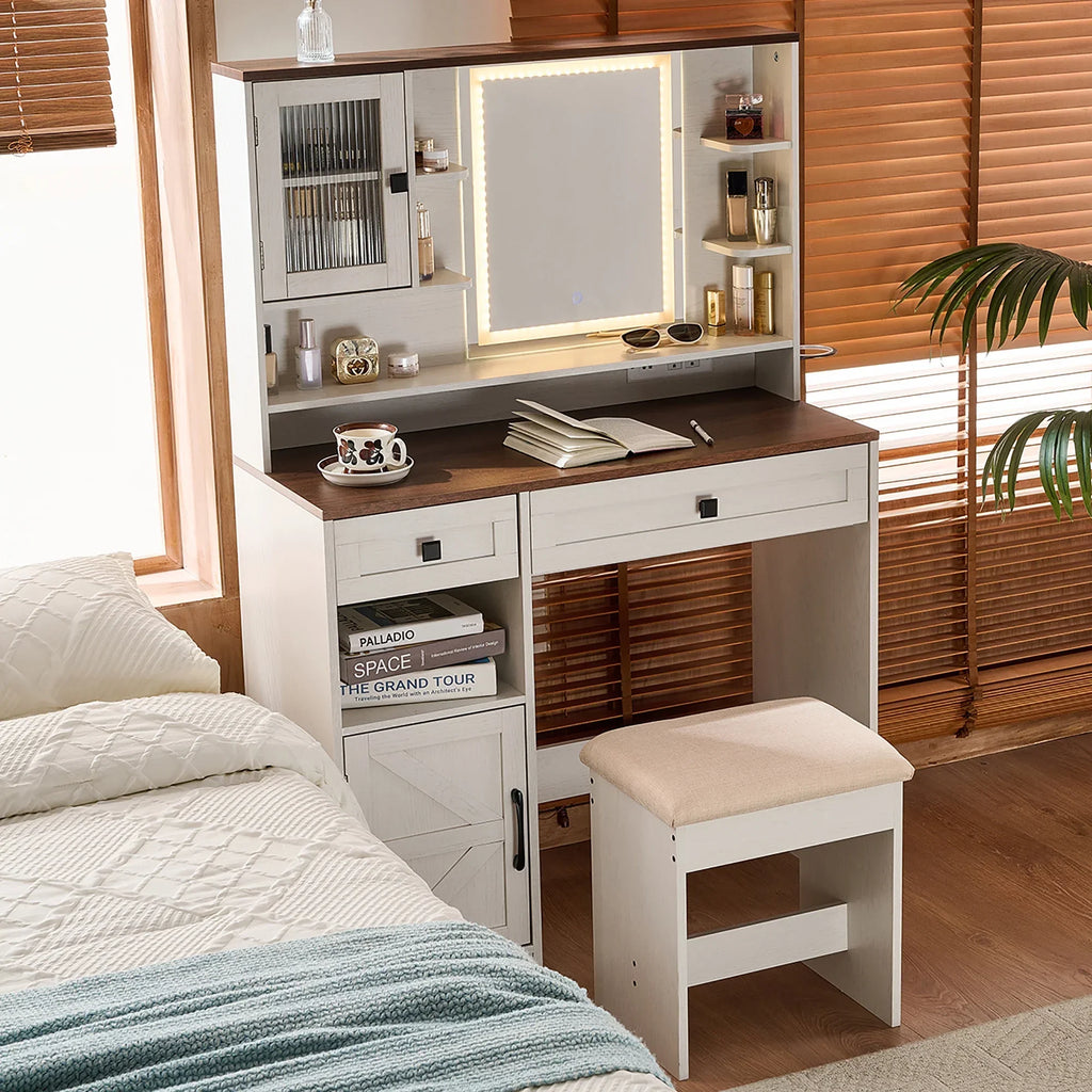 2026 NewFarmhouse Makeup Vanity Desk with Mirror and Lights,Dressing Table Set with Charging Station and Stool,Drawers,Shelves and Side Cabinet,White