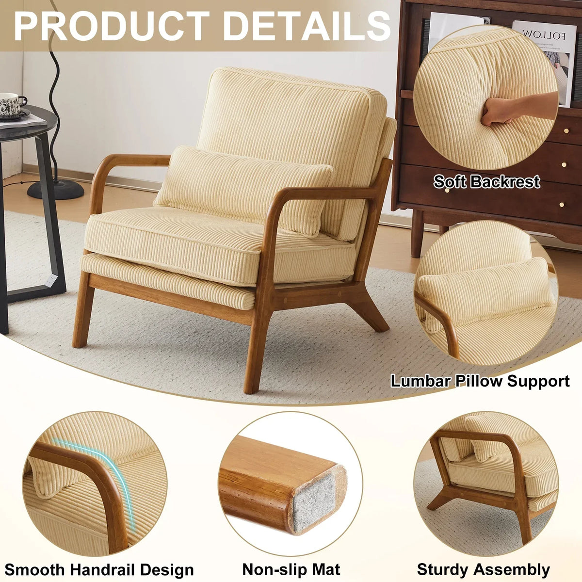 2026 NewKtaxon Accent Chair Corduroy Upholstered Armchair, Reading Club Chair with Pillow and Solid Wood Frame for Living Room Bedroom Furniture Off White