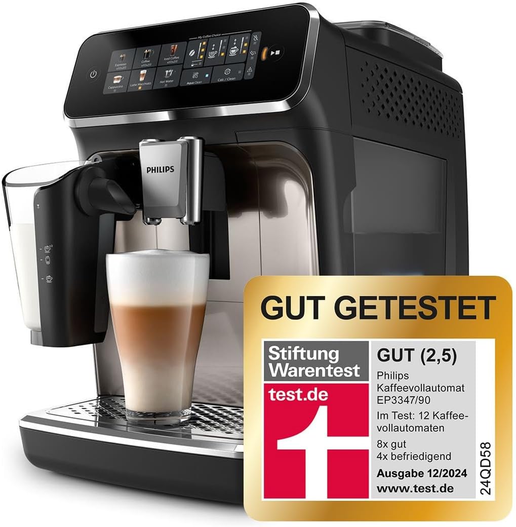 2026 Cafetera automática Philips Serie 3300: 6 bebidas, pantalla táctil a color moderna, sistema de leche LatteGo, SilentBrew, molinillo 100% cerámico, filtro AquaClean. Acabado en cromo negro (EP3347/90).