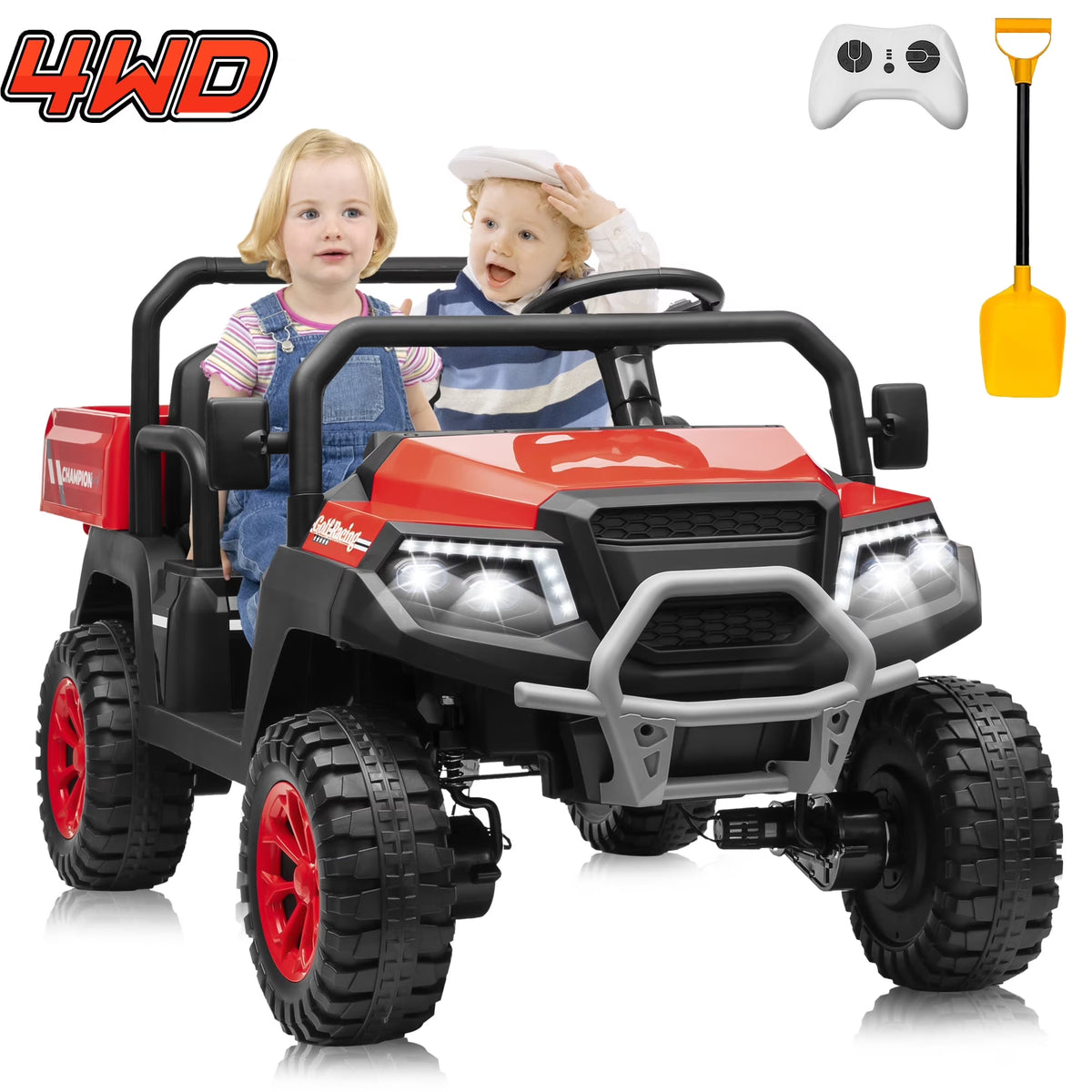 2026 NewJoyracer 4WD 24 Volt Ride on Toys UTV with 2 Seater & Remote Control, Kids Electric Golf Cart w/ 4x200W Power Motors, Tiltable Trailer & Shovel, 4 Wheels Spring Suspension, Bluetooth USB Music, Black