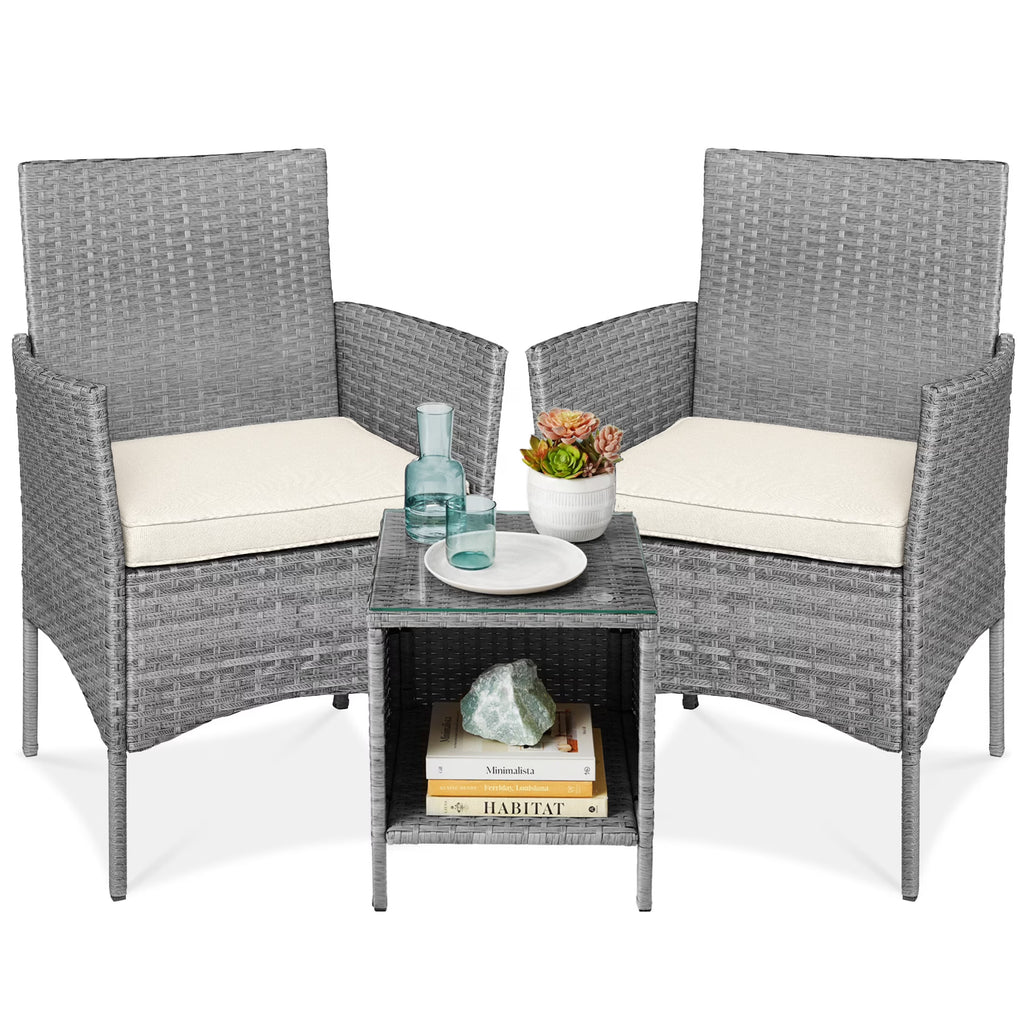 2026 NewBest Choice Products 3-Piece Outdoor Wicker Conversation Patio Bistro Set, w/ 2 Chairs, Table - Gray/Navy