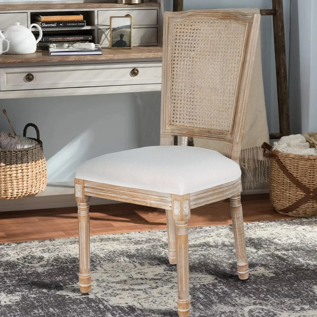 2026 NewFrench Dining Chairs Set of 2 Beige Natural Fabric Round Back with Solid Wood Legs and Frame for Bedroom Dining Room Kitchen