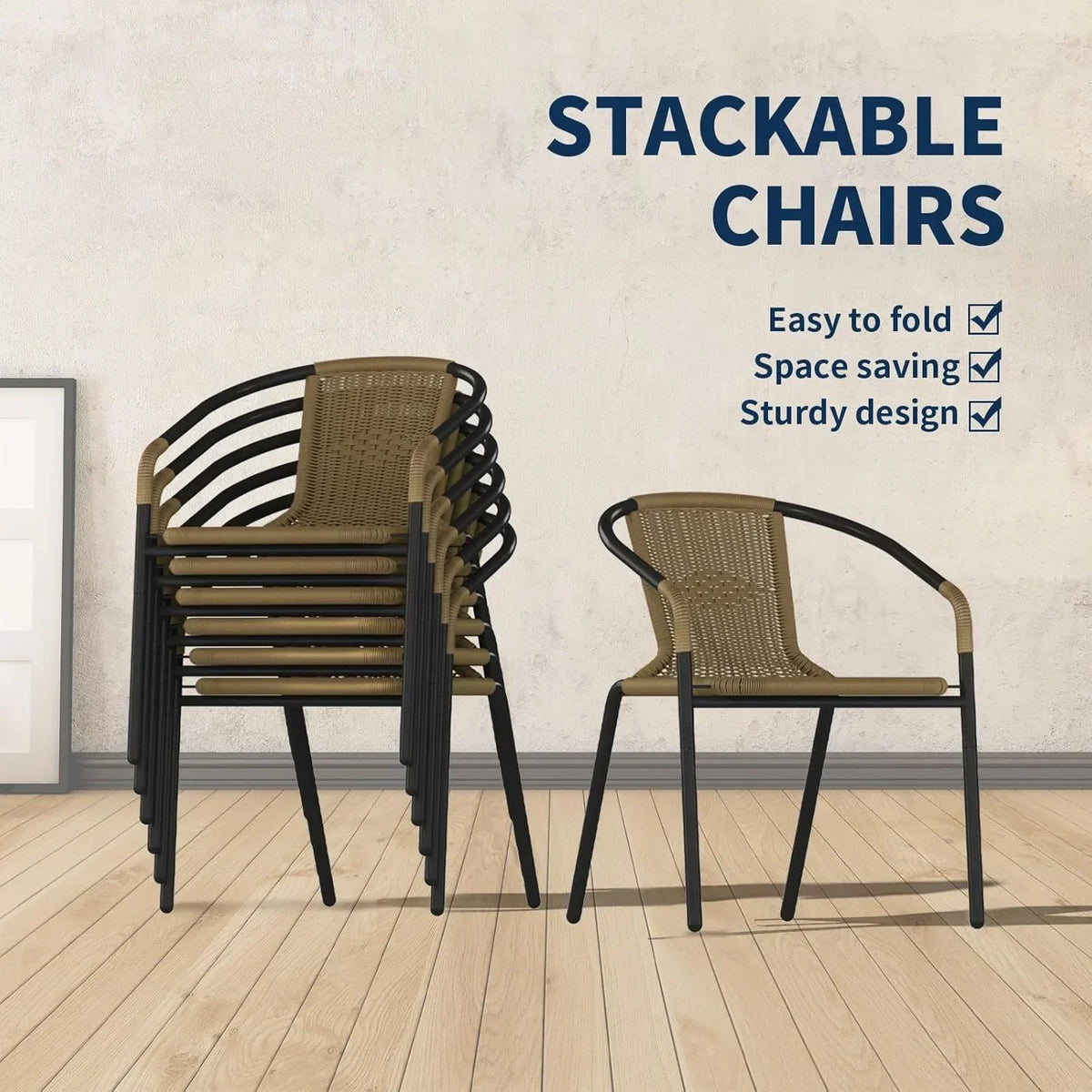 2026 NewELPOSUN Outdoor Dining Chairs Set of 6, Wicker Patio Chairs with Metal Frame, Rattan Indoor-Outdoor Chairs for Bistro, Deck, Backyard, Porch, Restaurant Stack Chair 6 Pack (Black)