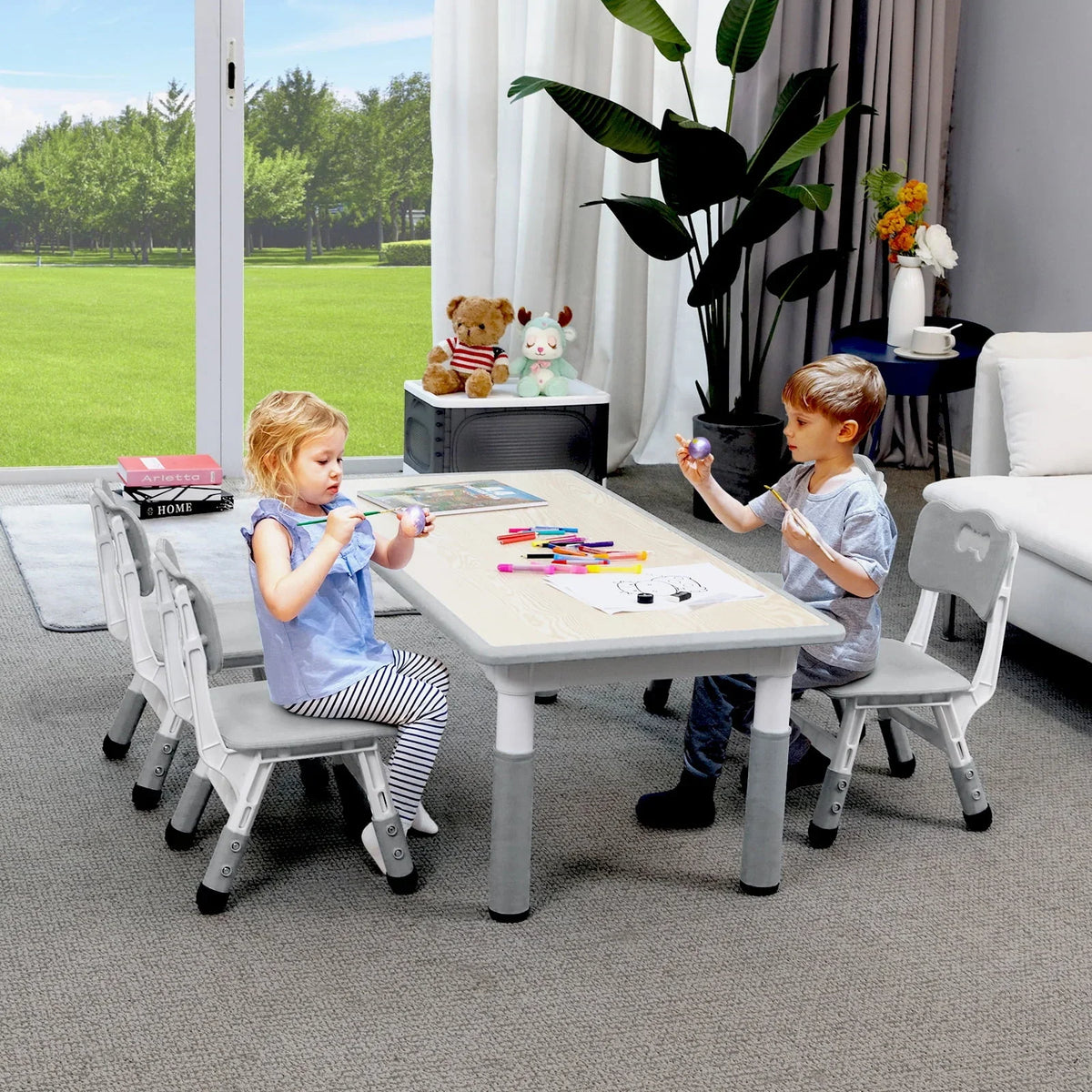 2026 NewLAZY BUDDY Kids Table and 4 Chairs Set, Height Adjustable Toddler Desk with Graffiti Desktop, Kids Activity Table Set for Daycare, Home