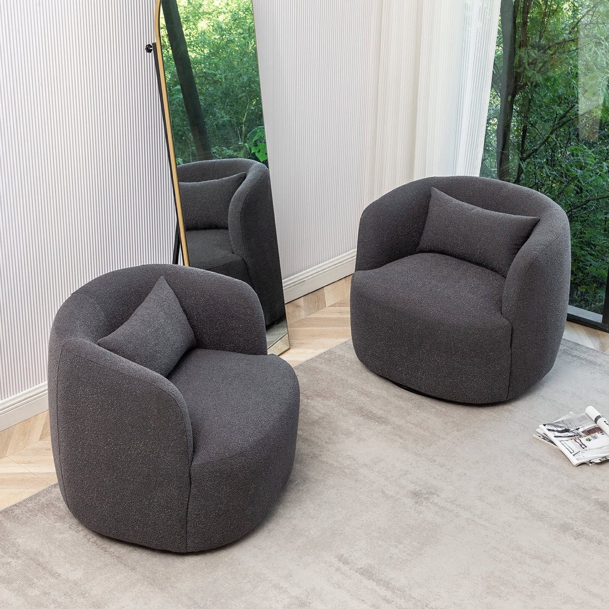 2026 New34" Wide Boucle Swivel Barrel Chair, No Assembly Round Upholstered Armchair Accent Chair Single Sofa Chair with Toss Pillow for Living Room and Bedroom, Taupe