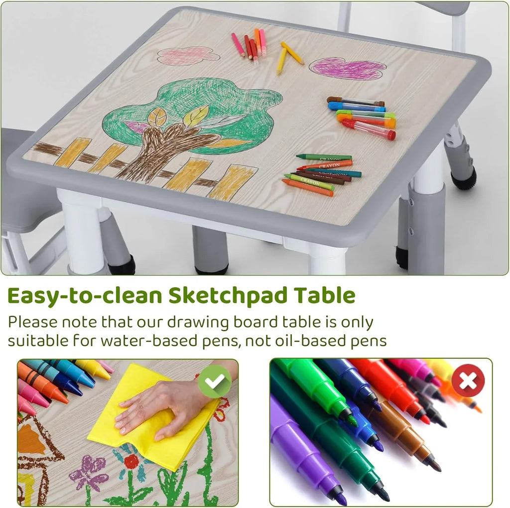 2026 NewArlopu 5 Pcs Kids Table and Chairs Set, Height Adjustable, Toddlers Activity Table & 4 Chairs Set for Study, Grey