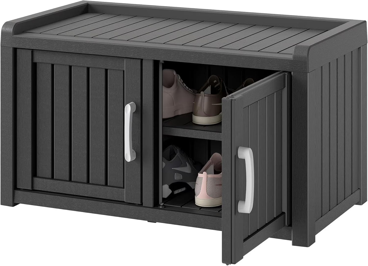 2026 NewKAMABOKO Outdoor Shoe Storage Cabinet, Waterproof UV-Resistant Entryway Storage Bench Indoor Outdoor with 2 Barn Doors, Adjustable Shelves for Entryway, Bedroom, Hallway,Living Room(Black)