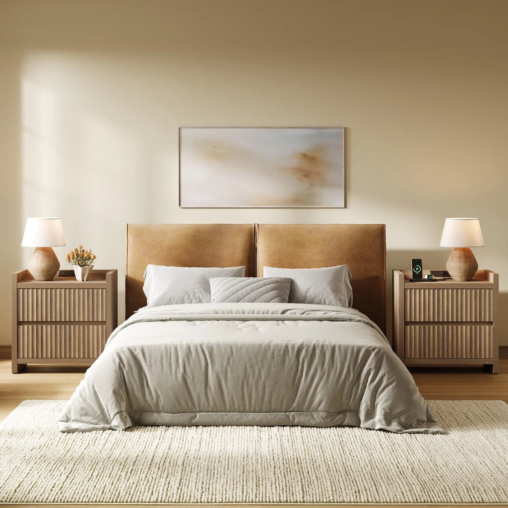 2026 NewSICOTAS 25.4" Wide Nightstand Set of 2 with Charging Station, Modern Night Stand with 2 Fluted Dresser & Handle-Less Storage Farmhouse Bed Side Table for Bedroom, Natural Oak