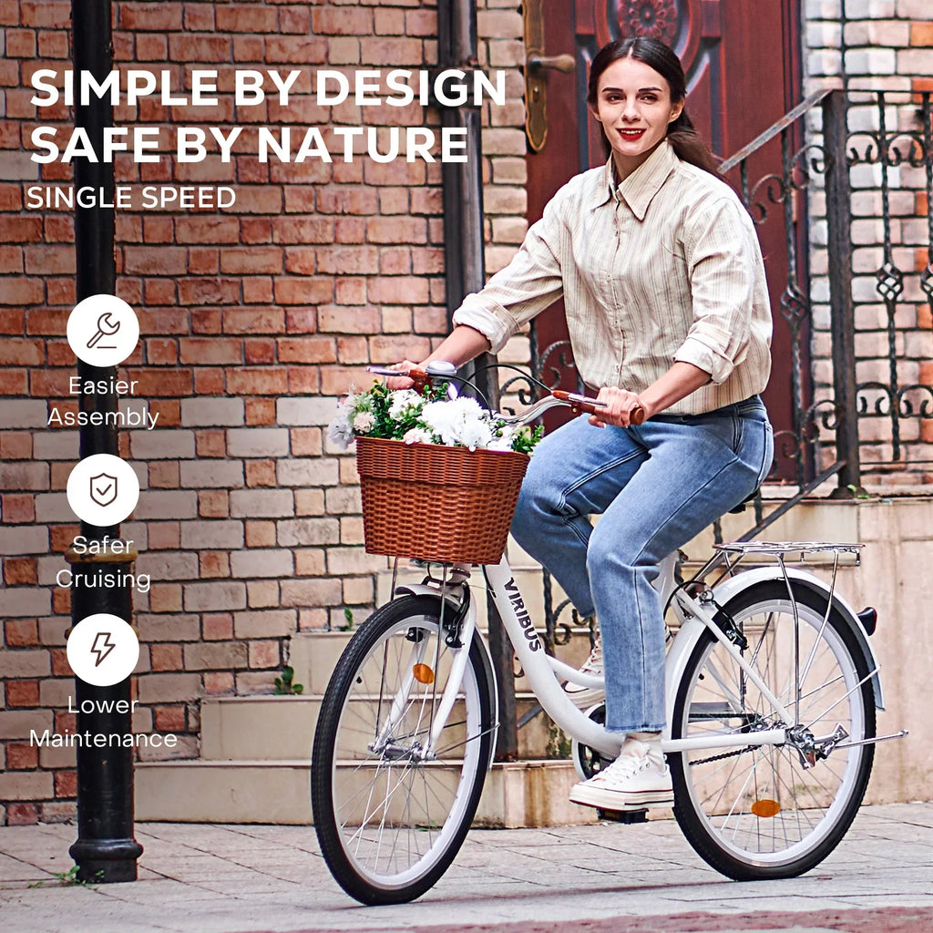 2026 NewViribus Women's Comfort Bike 24 inch Beach & City Cruiser Bicycle with Basket Rack White