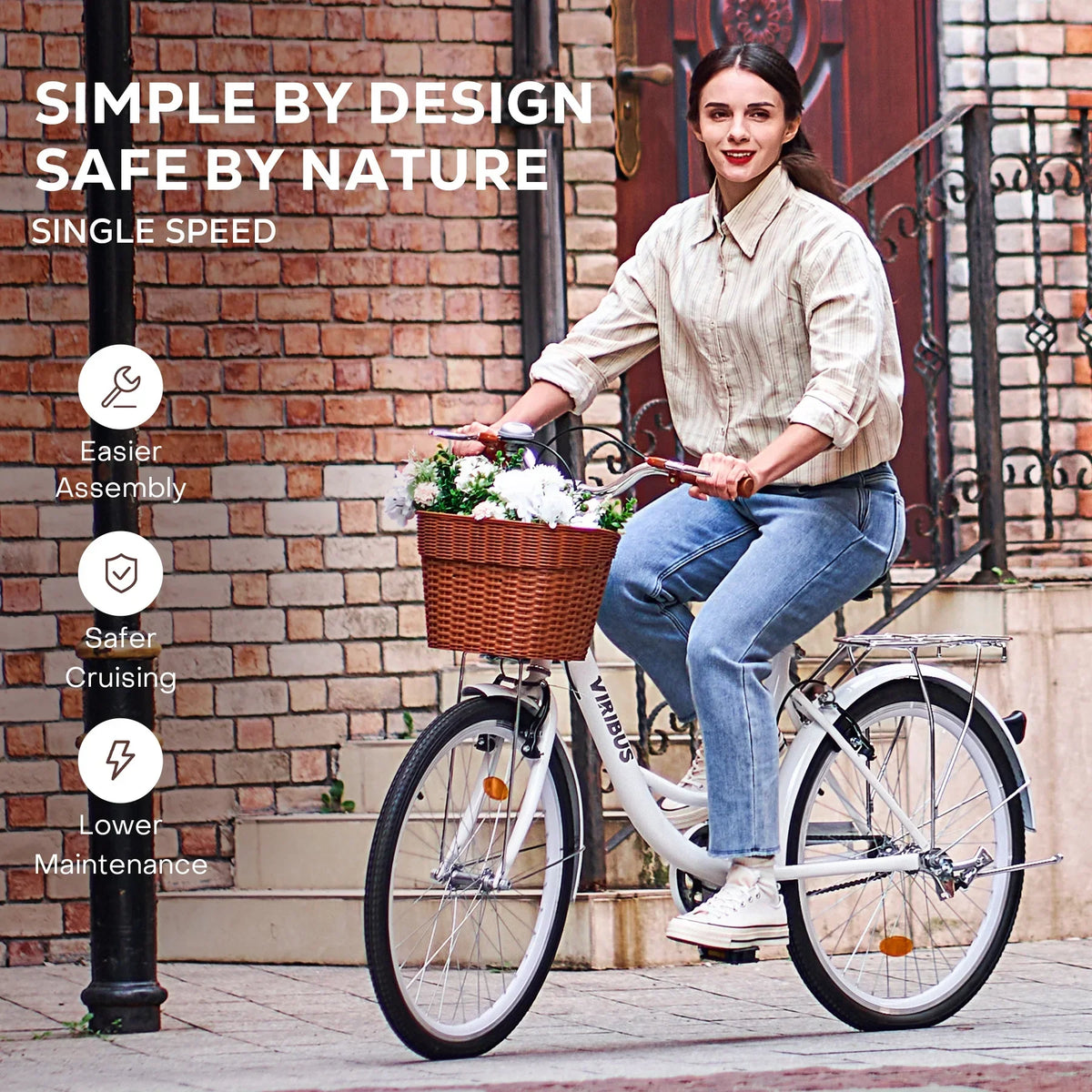 2026 NewViribus Women's Comfort Bike 24 inch Beach & City Cruiser Bicycle with Basket Rack White