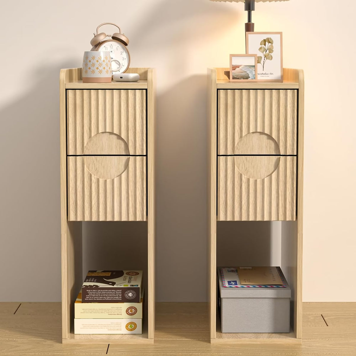 2026 NewNarrow Nightstand Set of 2 with Drawers, Fluted Slim Side End Table with Storage for Small Spaces