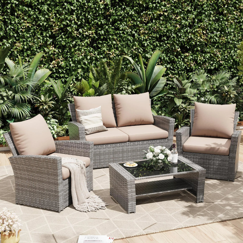 2026 NewUDPATIO Wicker Patio Furniture Set, 4 Piece Outdoor Sectional Conversation Sets, Gray PE Rattan Patio Sofa Set for Balcony, Porch, Backyard, Grey