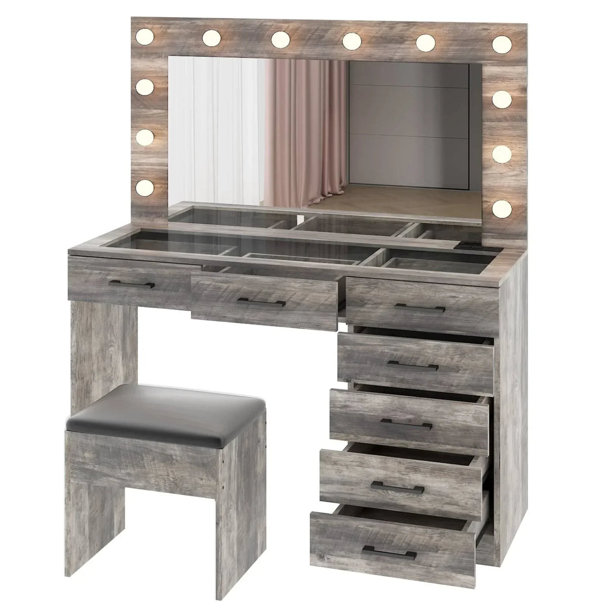 2026 NewKtaxon Large Makeup Vanity, Vanity Table Set w/ Visible Glass Top w/ Charging Station, White