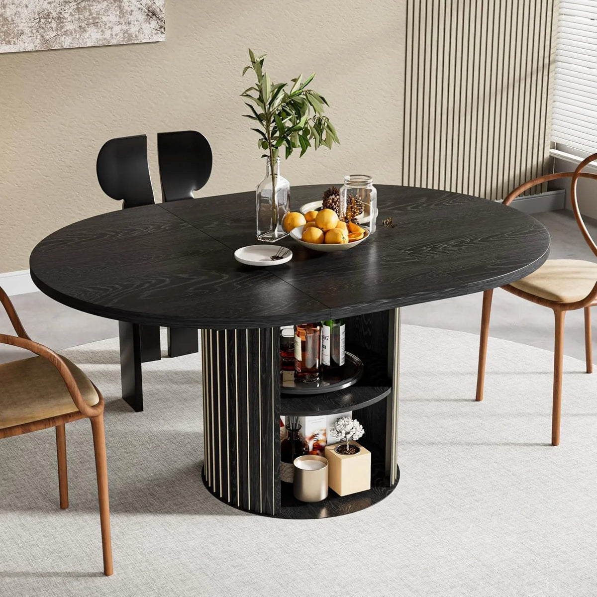 2026 NewExtendable Dining Table for 4-6, Round Kitchen Table with Storage Shelf, Oval Dining Tables for Living Room (Walnut)