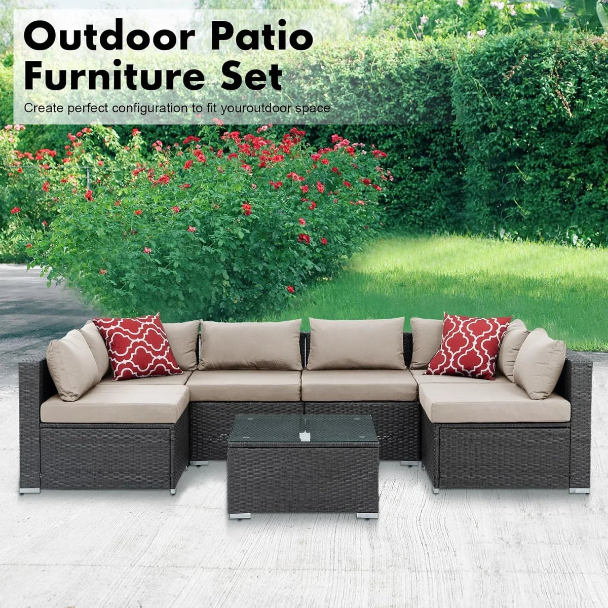 2026 New7 Piece Patio Furniture Sets Outdoor Sectional PE Rattan Outdoor Furniture Patio Conversation Set with Cushions and Glass Coffee Table, for Balcony Lawn and Garden, Gray