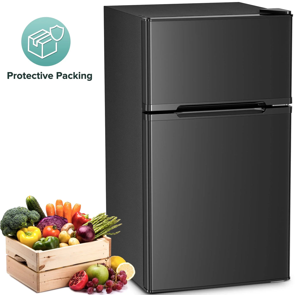 2026 NewAuseo 3.1 Cu.Ft Double Door Mini Fridge with Freezer, Compact Retro Refrigerator for Dorm, Office, Bar, Bedroom, Black