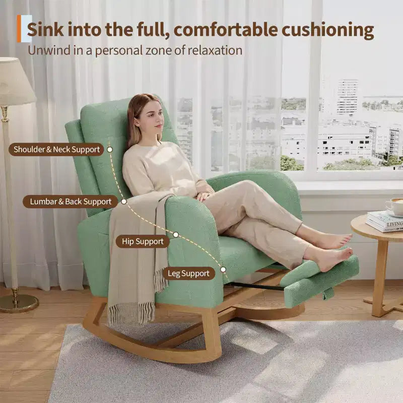 2026 Sillón mecedora deslizante tapizado con bolsillo lateral, estructura de madera, 1 plaza
