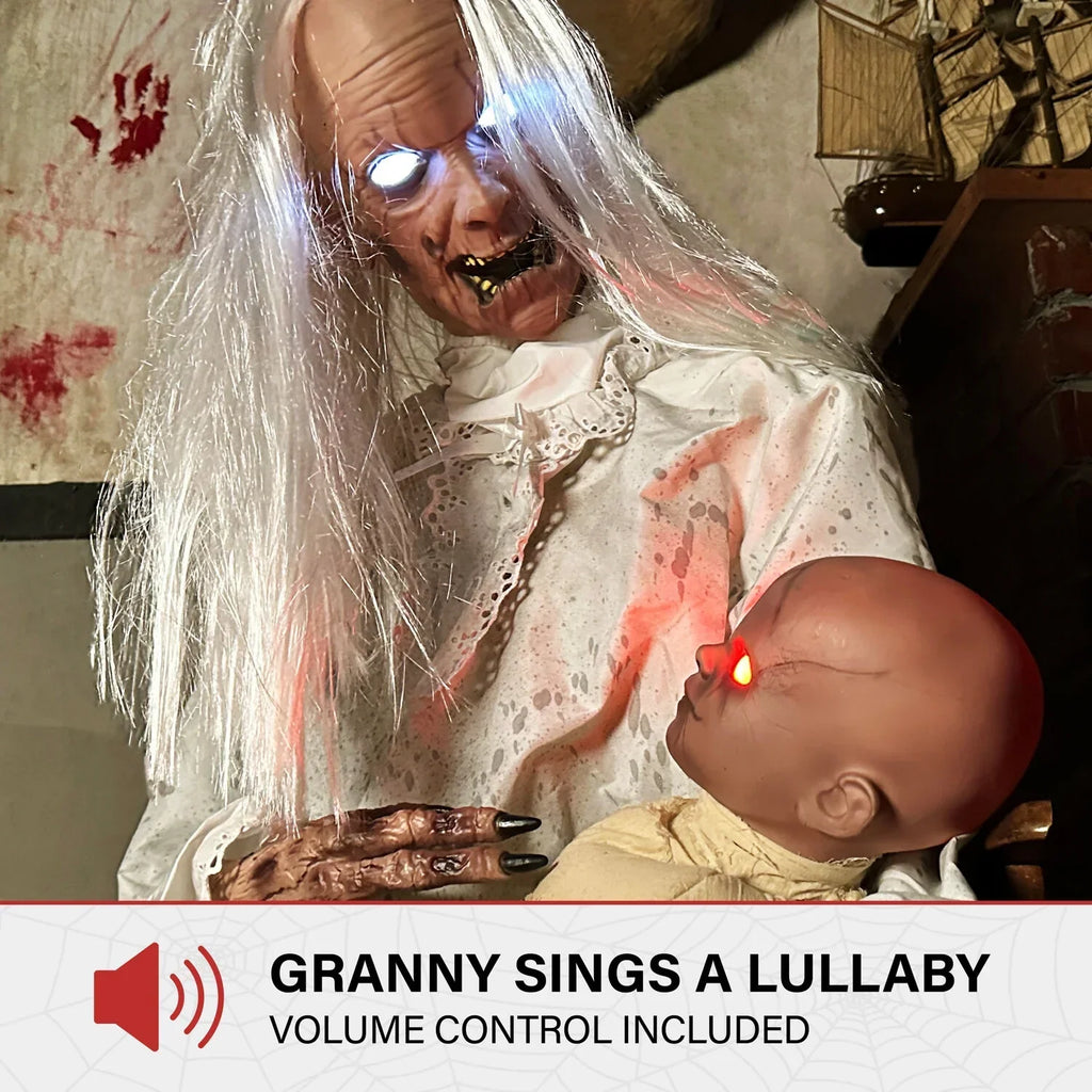 2026 NewHaunted Hill Farm 2.9 ft Animatronic Gravely Granny by Tekky Halloween Decoration with Motion-Activated Sounds, HHGRVLYGRNY-1FLSA