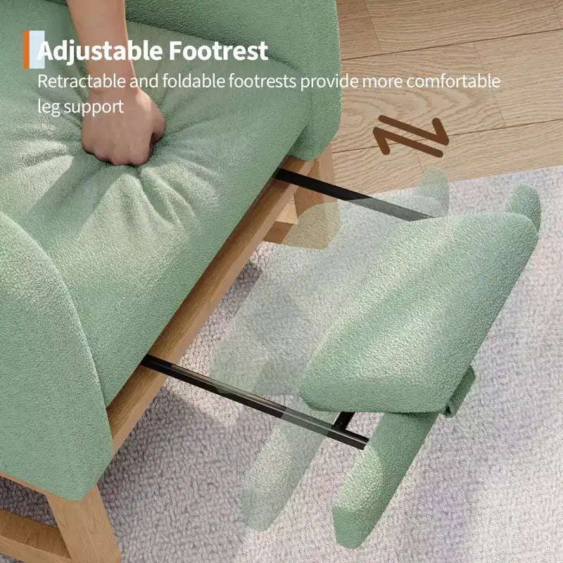 2026 Sillón mecedora deslizante tapizado con bolsillo lateral, estructura de madera, 1 plaza