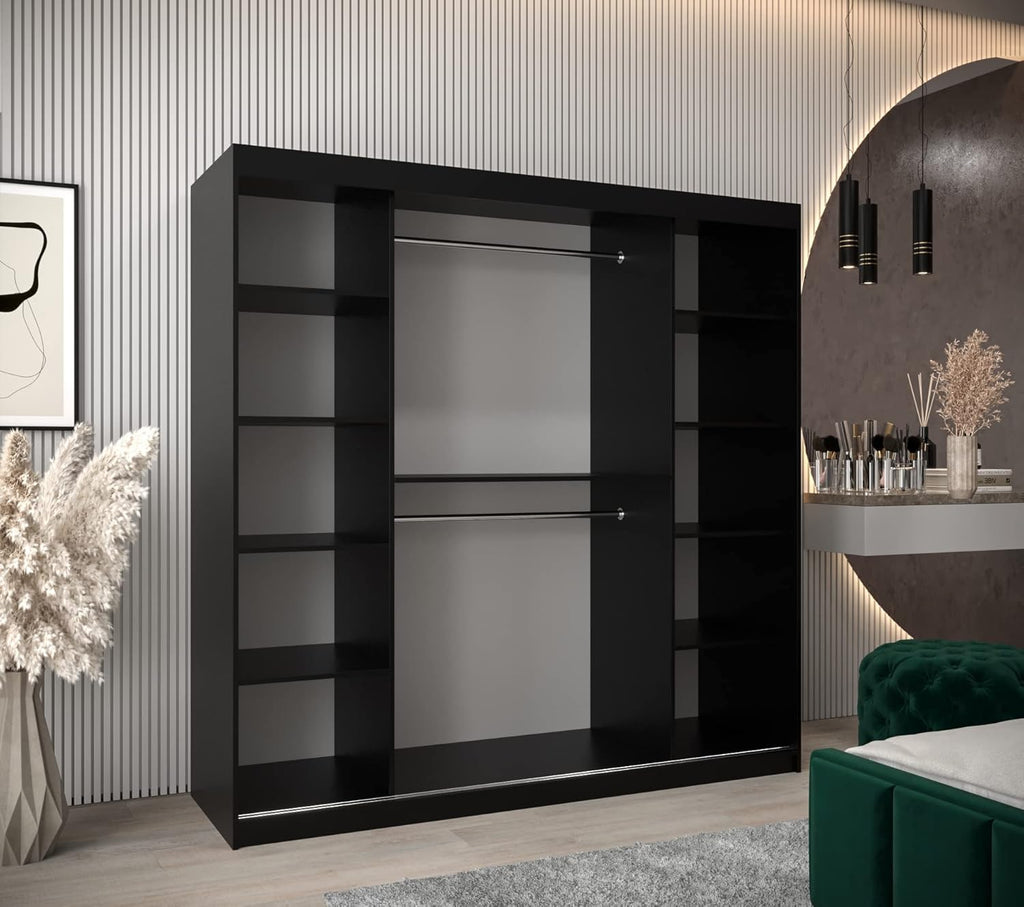 2026 Armario de dormitorio ABIKSMEBLE Verona 4 200 con tres puertas correderas – Armario de almacenamiento moderno con espejo, perchero y estantes – 200 x 200 x 62 cm – Negro mate Sonoma