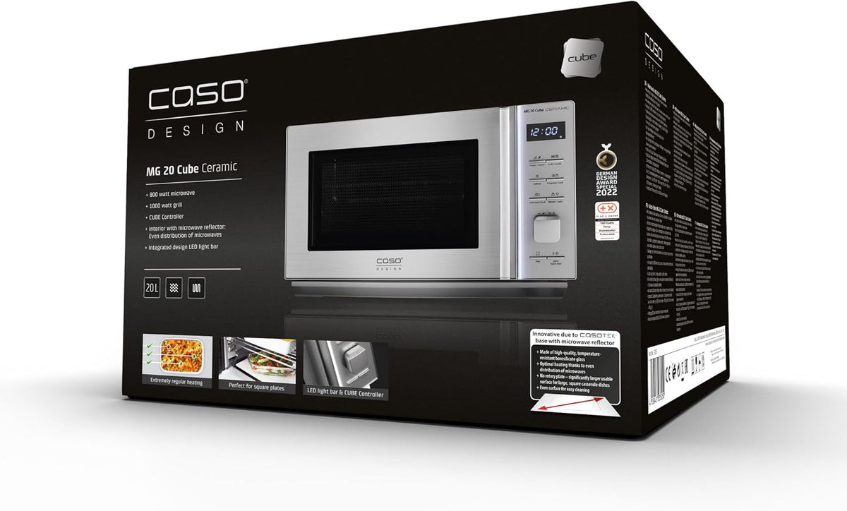 2026 CASO MG 20 Cube Ceramic Microondas 2 en 1 sin plato giratorio con parrilla de 1000 W, 20 L, 13 programas automáticos, plateado