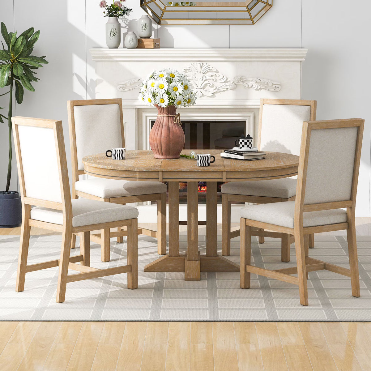 2026 New5 Piece Round Dining Table Set, Dining Room Set with Extendable Table and 4 Upholstered Chairs, Wood Dining Table Set for 4, Farmhouse Dining Table Set for Kitchen Dining Room Dorm Apartment, Brown