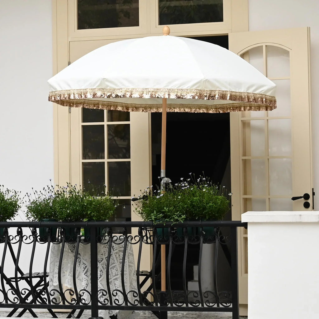 2026 NewLAGarden 6 Ft Fringe Patio Umbrella with Tassel Jazz Age Wood UPF50+ for Outdoor, Beige with gold tassel,Model: JZ6-01