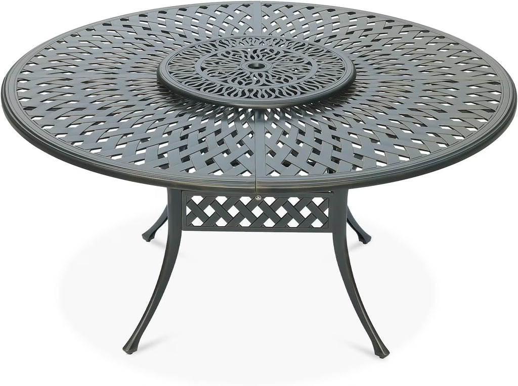 2026 NewVIVIJASON Outdoor 61" Patio Dining Table for 6-8 Person, Large Patio Round Dining Table with 24" Lazy Susan, Dark Bronze Cast Aluminum Rustic Patio Table W/Umbrella Hole for Balcony, Porch and Deck