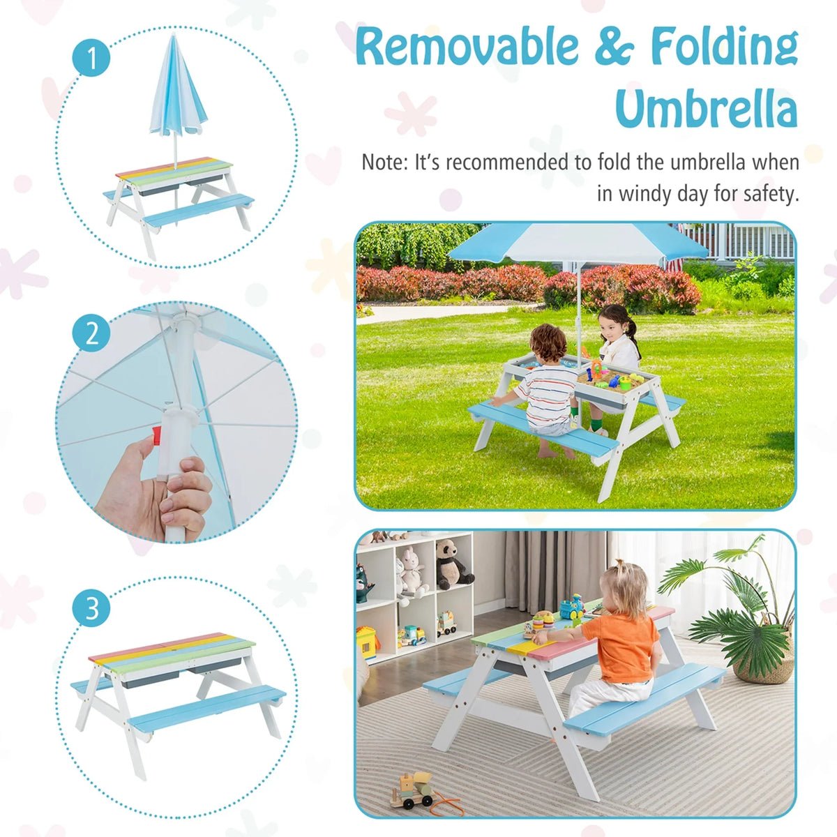 2026 NewCostway 3-in-1 Kids Picnic Table Wooden Outdoor Sand & Water Table with Umbrella Play Boxes Green