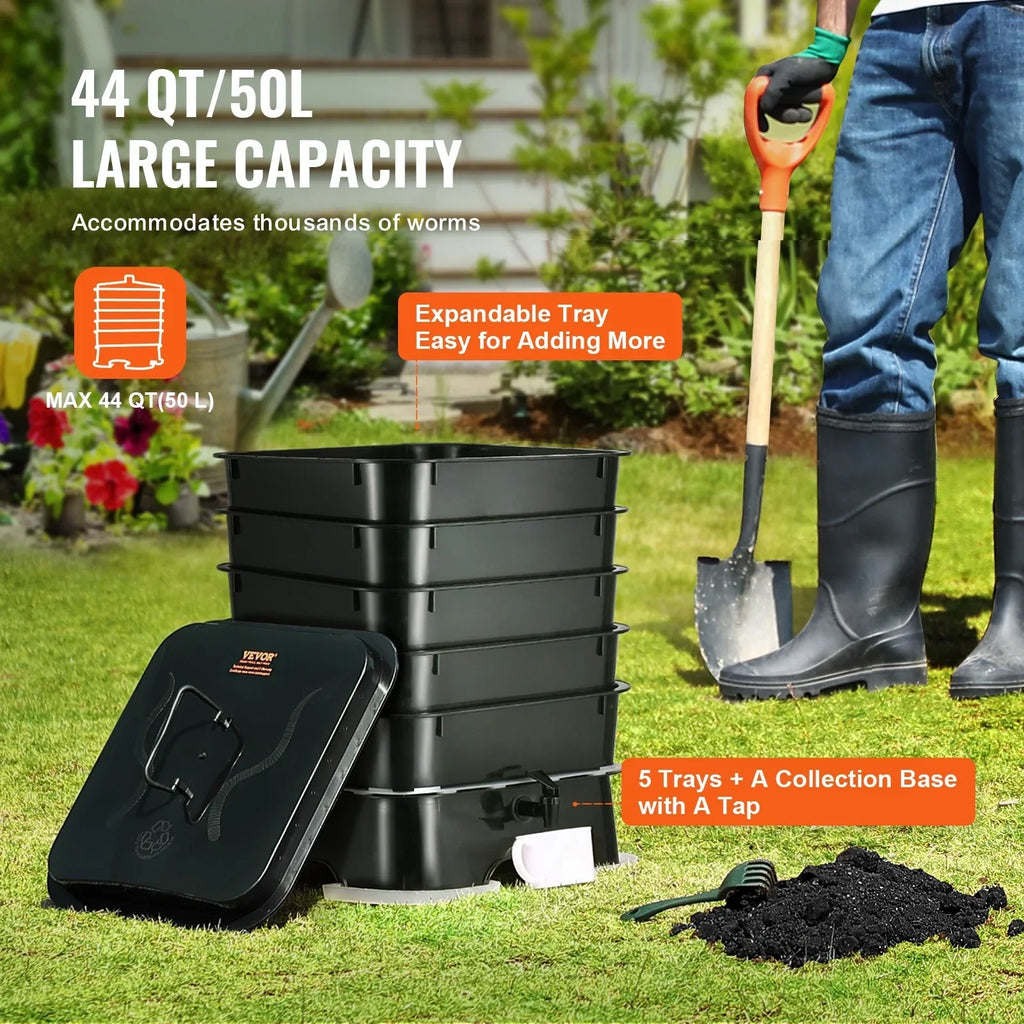 2026 NewVEVOR 5-Tray Worm Composter, 50 L Worm Compost Bin Outdoor and Indoor, Sustainable Design Worm Farm Kit, for Recycling Food Waste, Worm Castings, Worm Tea, Vermiculture and Vermicomposting