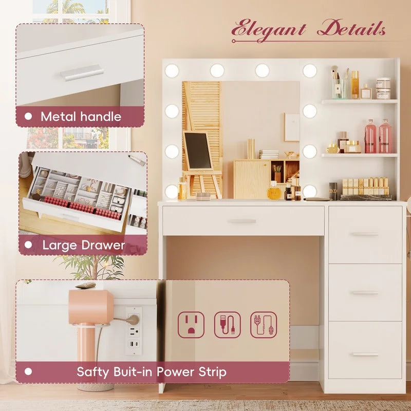 2026 NewLacoo Vanity Desk with Mirror and LED Lights, Makeup Vanity with 7 Drawers & 4 Shelves, Vanity Table with Power Outlet for Bedroom Dressing Room, White