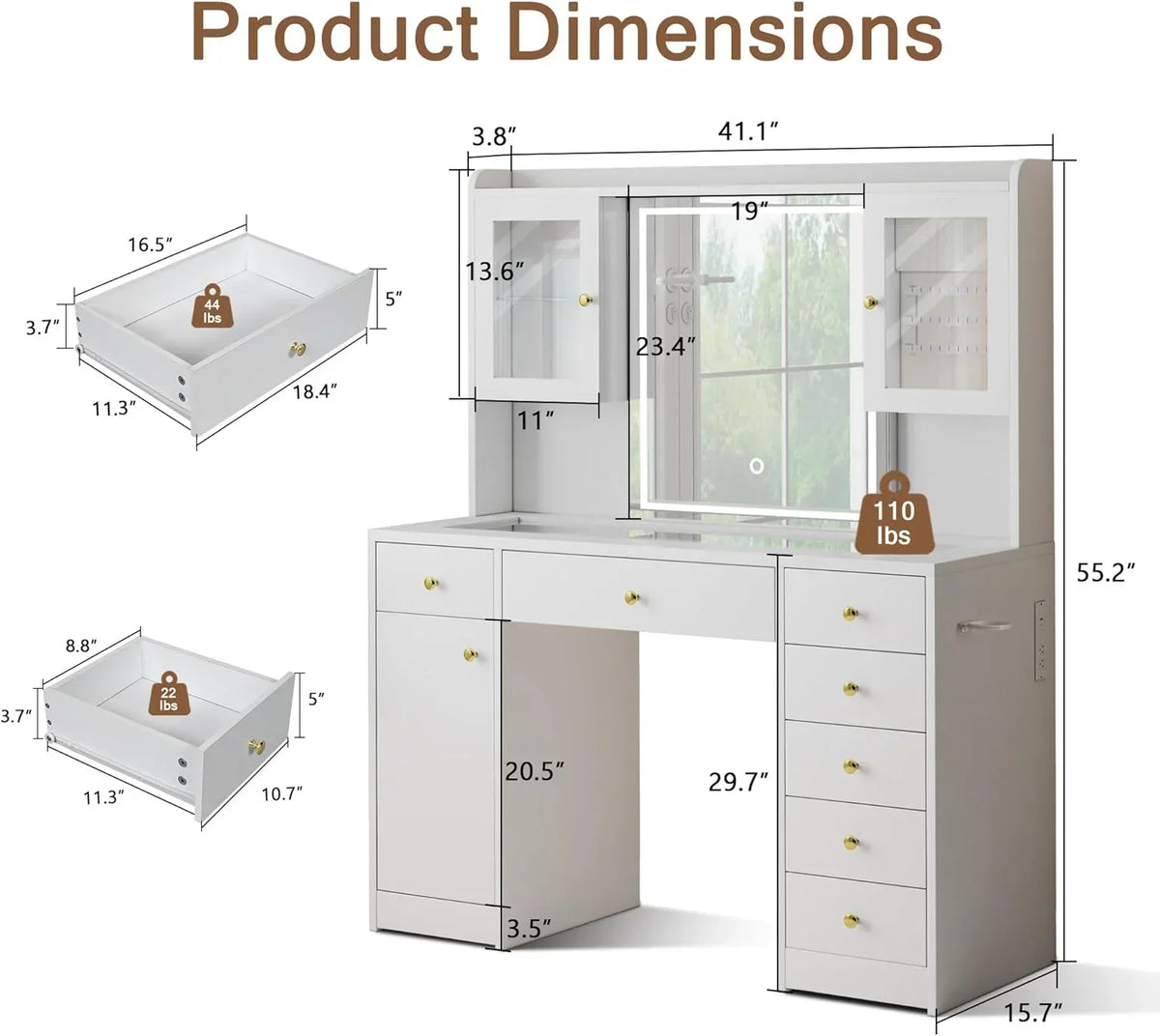2026 NewiPormis Vanity Desk with Mirror and Lights, Glass Top Makeup Vanity with RGB Light and Charging Station for Girls, White