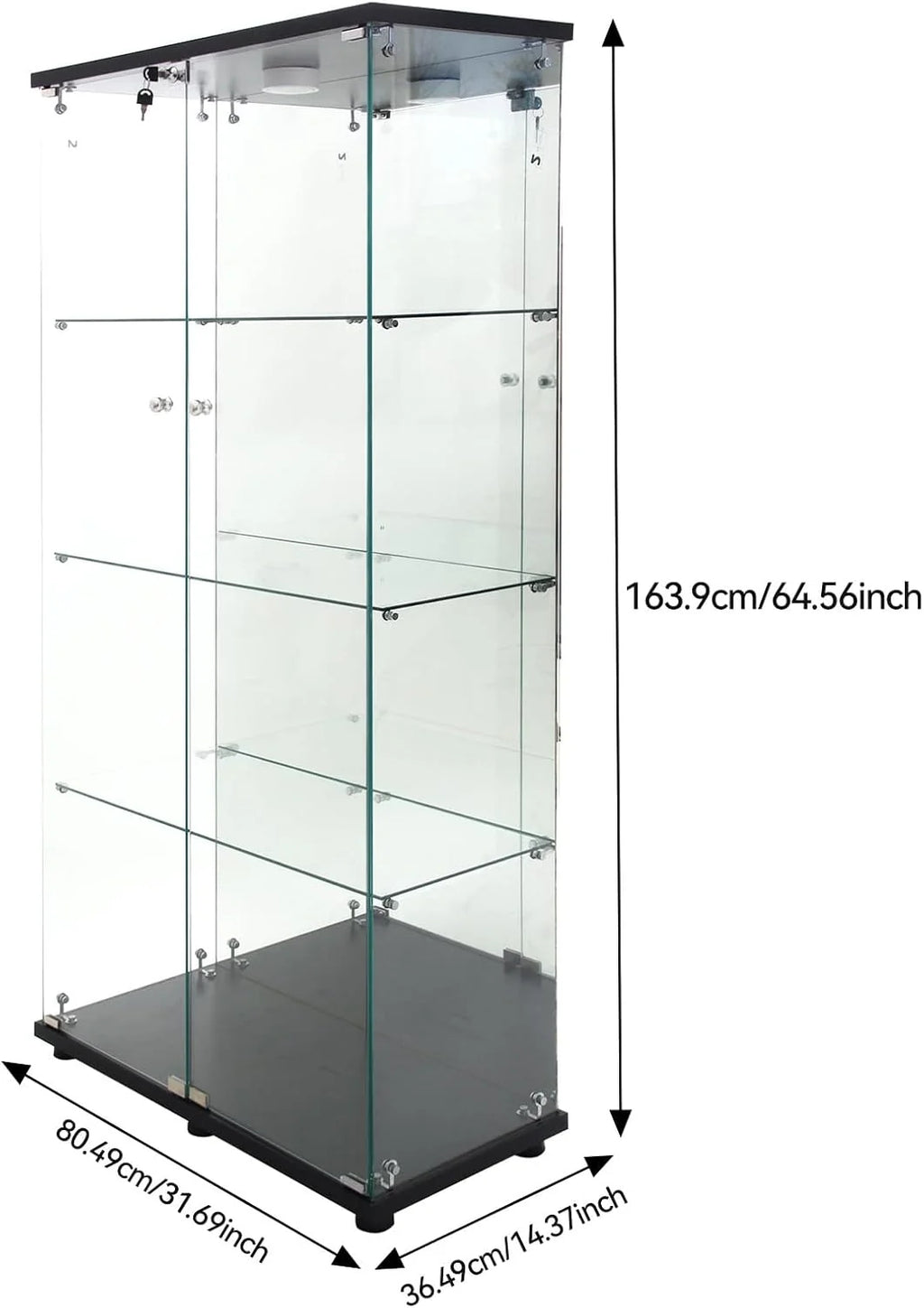 2026 Vitrina Cristal Expositora con Luz, Puerta Cerradura, 4 estantes - Grande Vitrina de Colecciones,Vitrina de pie para Sala Oficina(Espalda Espejo)