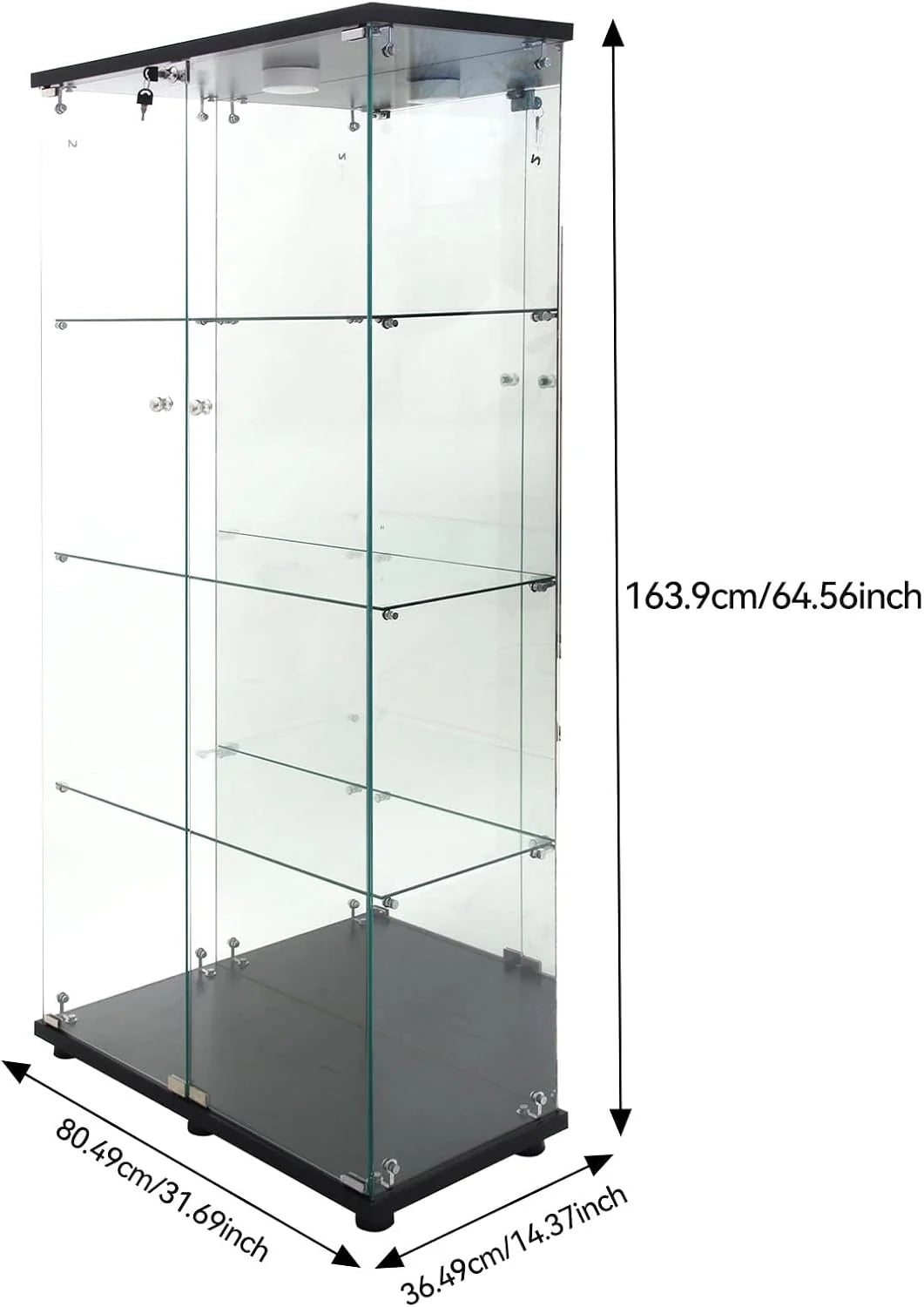2026 Vitrina Cristal Expositora con Luz, Puerta Cerradura, 4 estantes - Grande Vitrina de Colecciones,Vitrina de pie para Sala Oficina(Espalda Espejo)