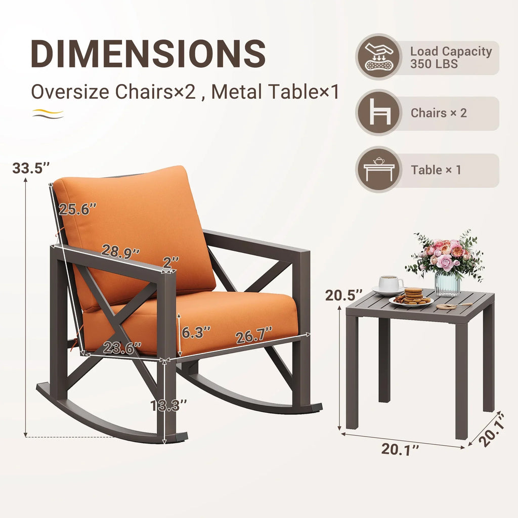 2026 NewMRUAKA Rocking Chair Bistro Set,3 Piece Outdoor Patio Furniture Set with 2 Rockers and 1 Metal Coffee Table with Thick Cushions for Porch,Backyard,Poolside,Beige