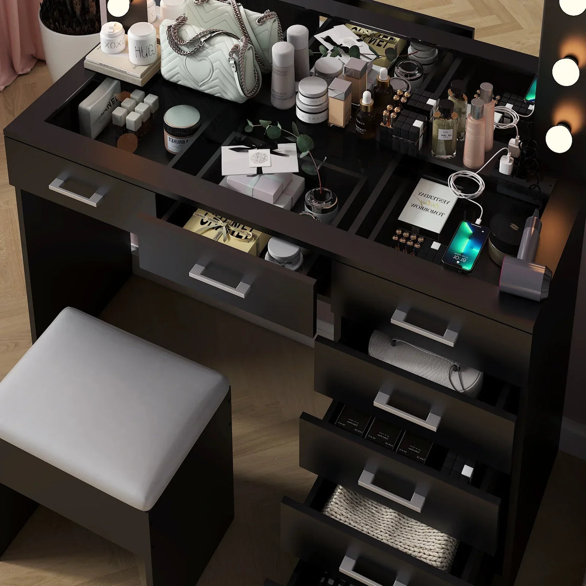 2026 NewKtaxon Large Makeup Vanity, Vanity Table Set w/ Visible Glass Top w/ Charging Station, White