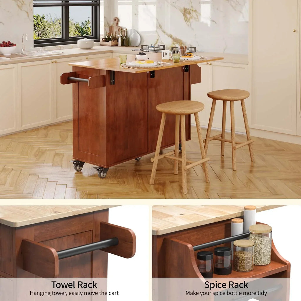 2026 NewLofka 52-Inch Kitchen Island with Storage on Wheels with Wood Drop Leaf, Ideal for Small Kitchens