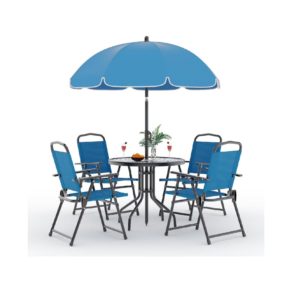 2026 New6 Pieces Outdoor Dining Set With Umbrella, Patio Table and 4 Folding Chairs With Umbrella, Garden Patio Furniture Set With Umbrellas, Tempered Glass Top Dining Table
