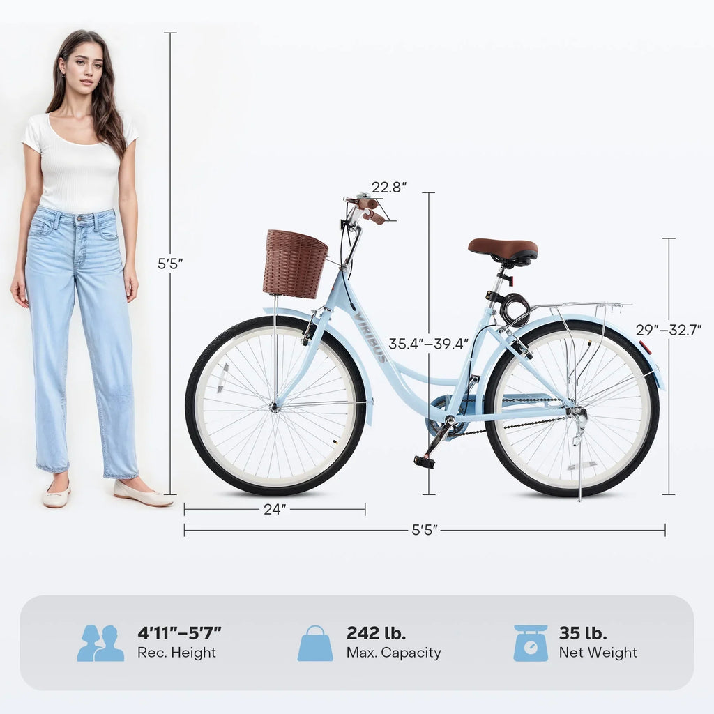 2026 NewViribus Women's Comfort Bike 24 inch Beach & City Cruiser Bicycle with Basket Rack White