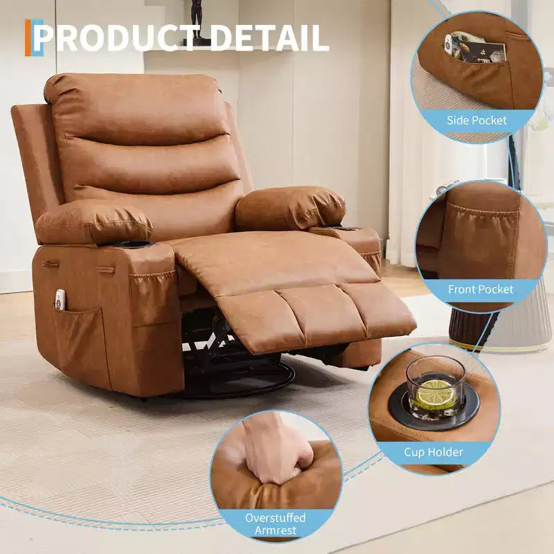 2026 Sillón reclinable mecedora giratorio 360° extragrande con masaje y calor, portavasos y bolsillos