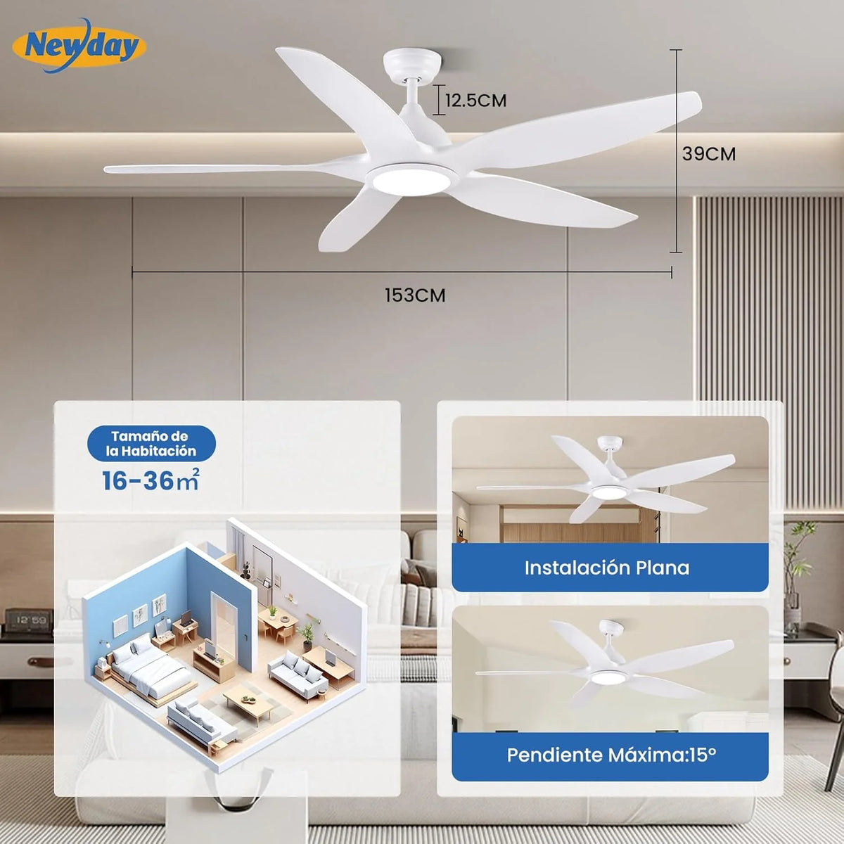 2026 Newday Ventilador de techo de 153 cm, blanco, con luz y mando a distancia, regulador LED, motor DC reversible, 5 aspas silenciosas
