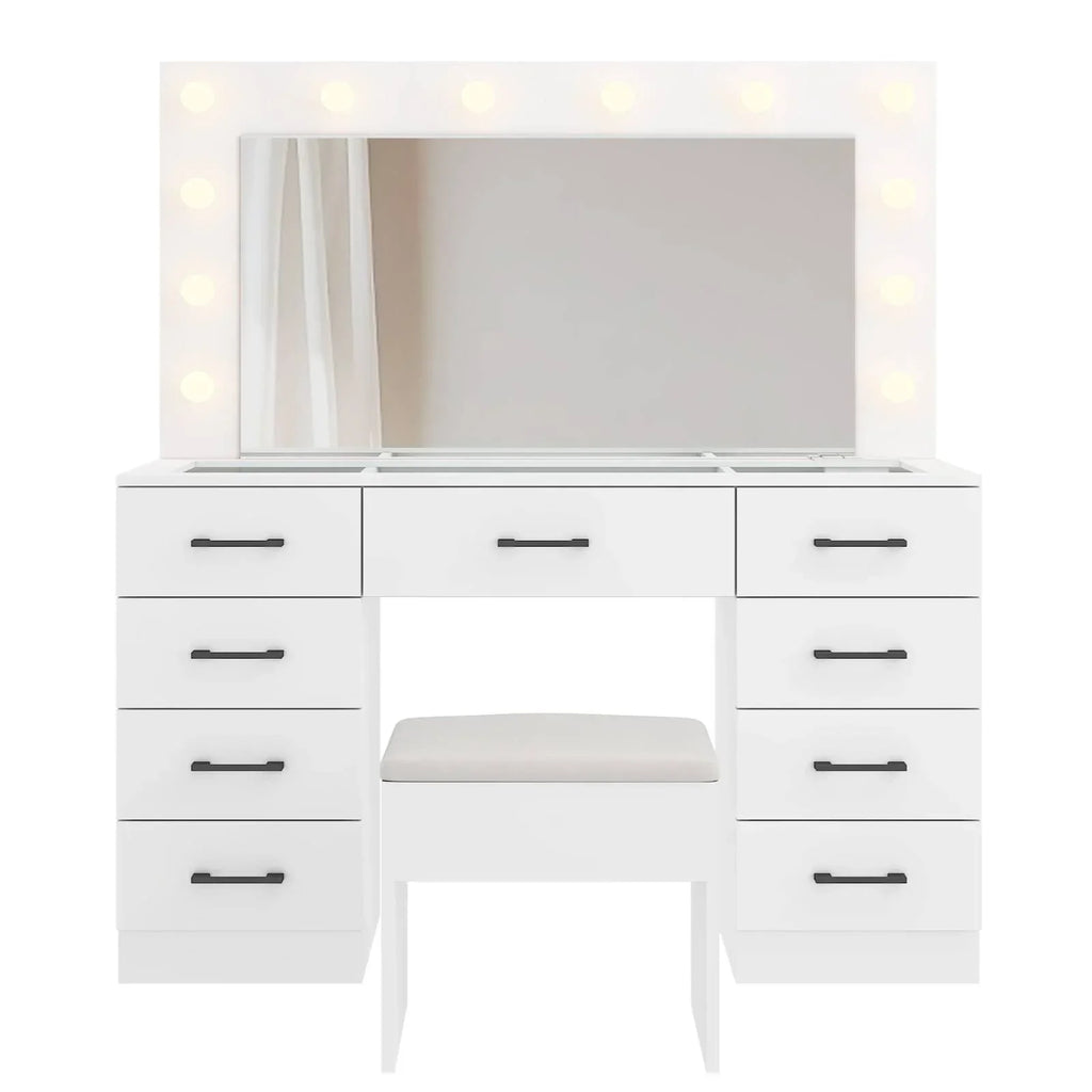 2026 NewKtaxon Large Makeup Vanity, Vanity Table Set w/ Visible Glass Top w/ Charging Station, White