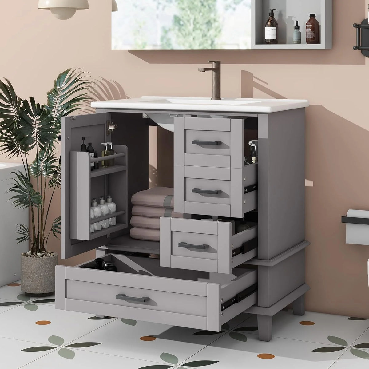 2026 Armario de Baño Lcoho 76 x 46 x 83,5 cm con Lavabo, Lacado Completo, Estantería para Puerta, Tres Cajones Silenciosos, Lavabo de Cerámica Integrado (Gris)