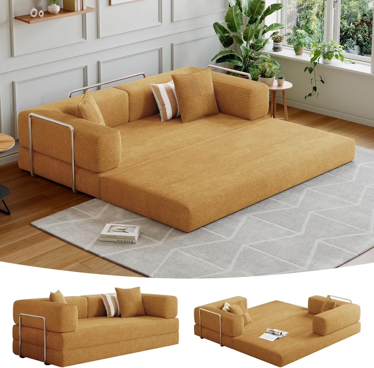 2026 NewConvertible Sleeper Sofa Bed,Compressed Floor Boneless Couch,Modular Modern Corduroy Sofa for Living Room Bedroom -with Fixed-Shape Frame and Support Armrest,Easy Assembly(Green)