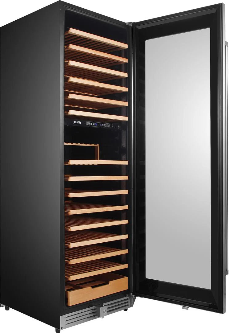 2026 Enfriador de vino Thor de 24 pulgadas, acero inoxidable, con capacidad para 162 botellas y doble zona de refrigeración.