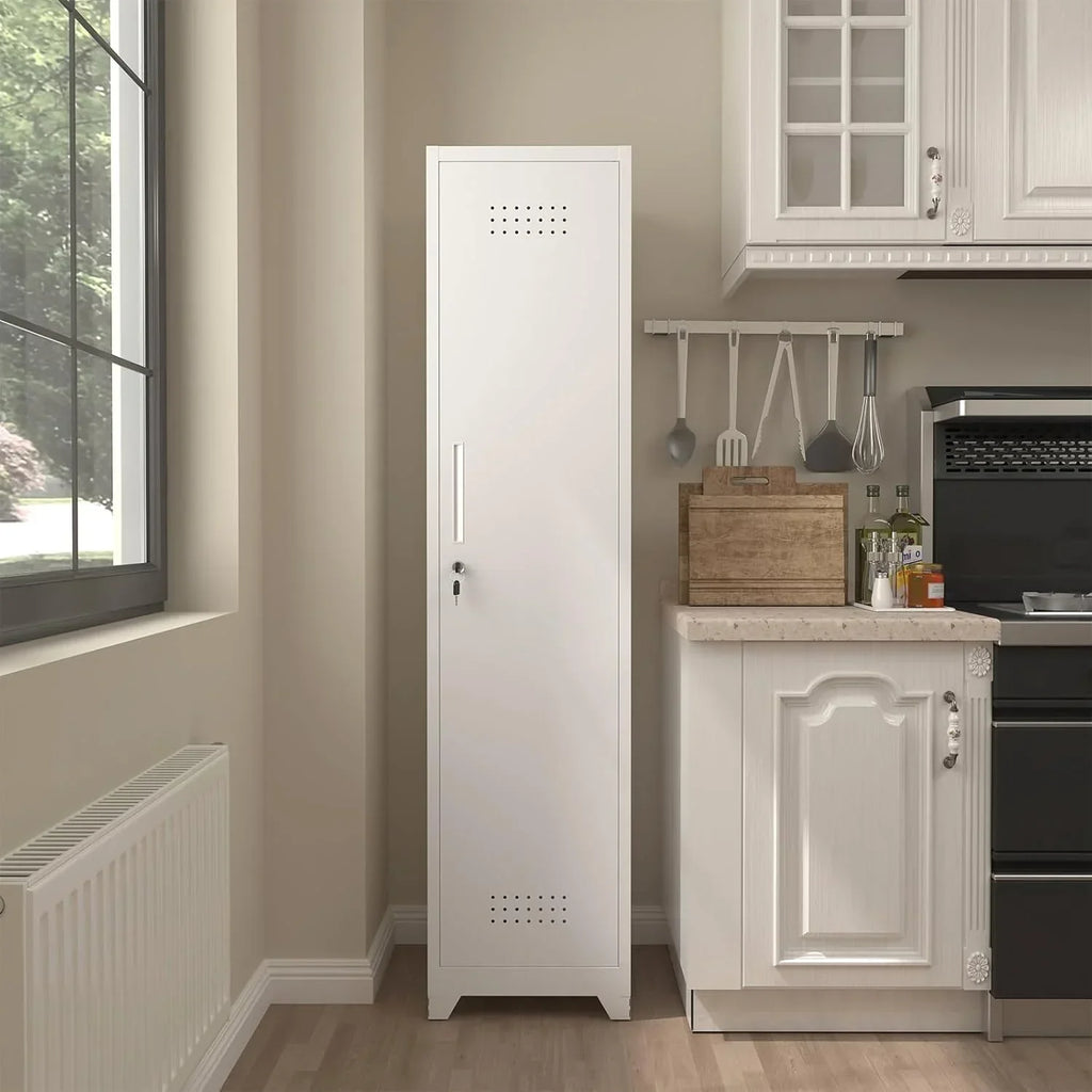 2026 NewMarcree Slim Broom Storage Cabinet, Metal Cabinet with Shelves and Hanging Rod, 65" Utility Storage Cabinet with Locking Door, Tall Cleaning Storage Cabinet for Kitchen, Pantry, Office, Shop, Garage