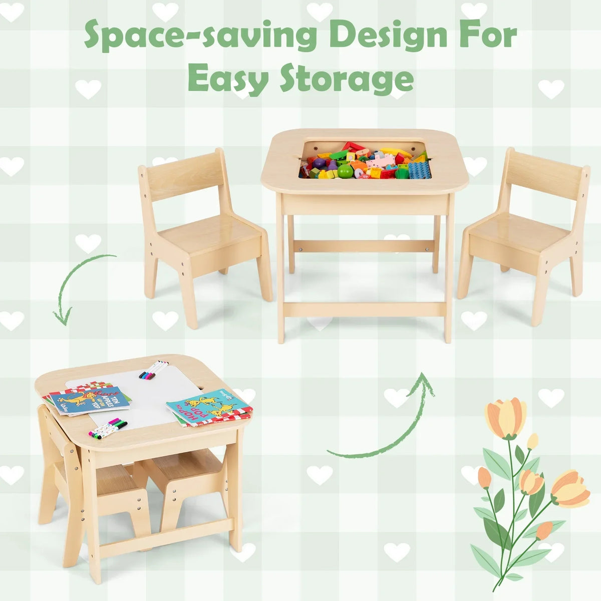 2026 NewOLAKIDS Kids Table and Chair Set, 3 in 1 Wooden Activity Table with Removable Tabletop, Blackboard and Whiteboard for Toddlers Arts Crafts Drawing Reading Playing, Playroom Nursery (Natural)