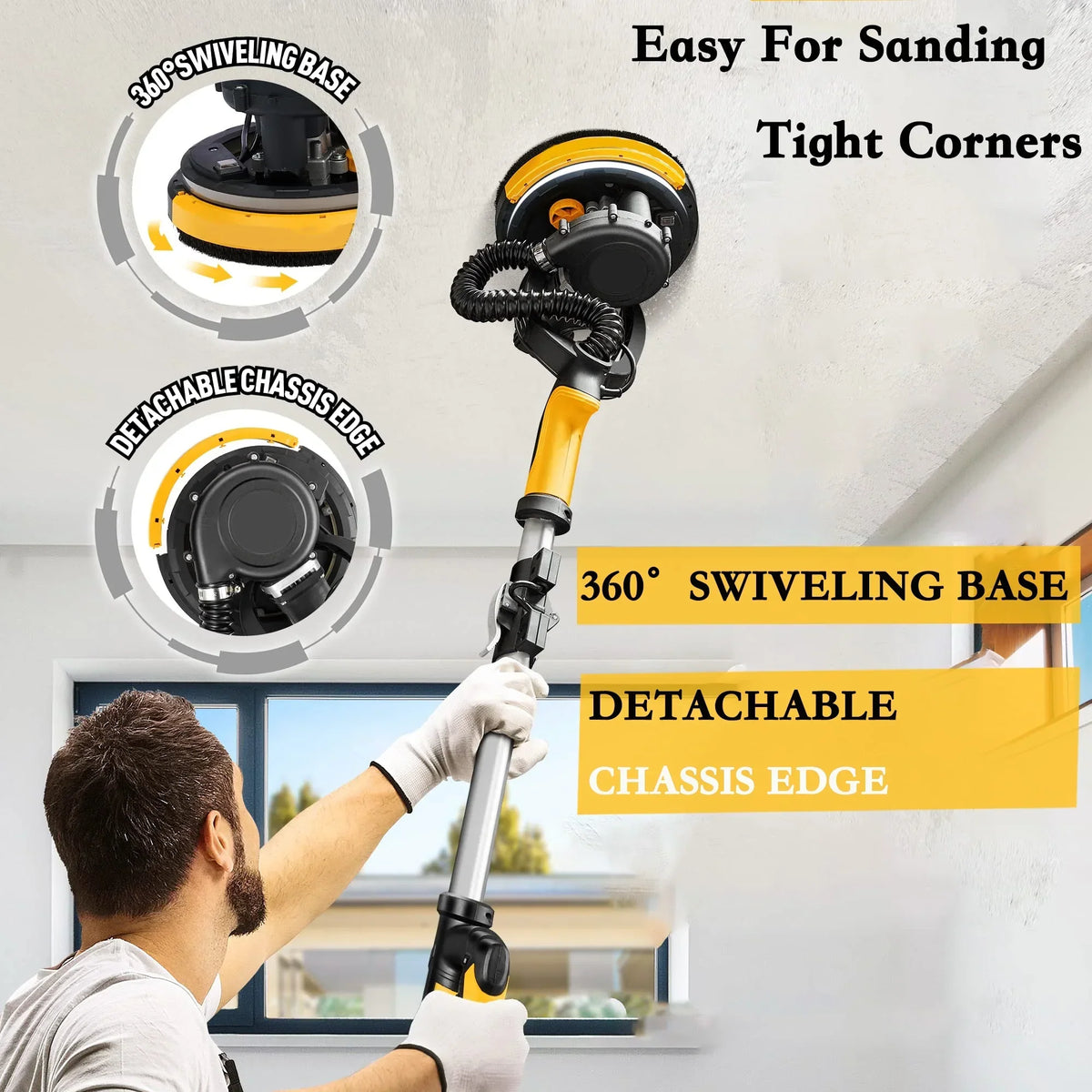 2026 NewPOVANLI 780W Electric Drywall Sander with Vacuum Dust Collection, 6.5A Motor Dustless Floor Sander with Variable Speed 900-1800RPM, LED Light, Extendable & Foldable Handle Yellow+Black