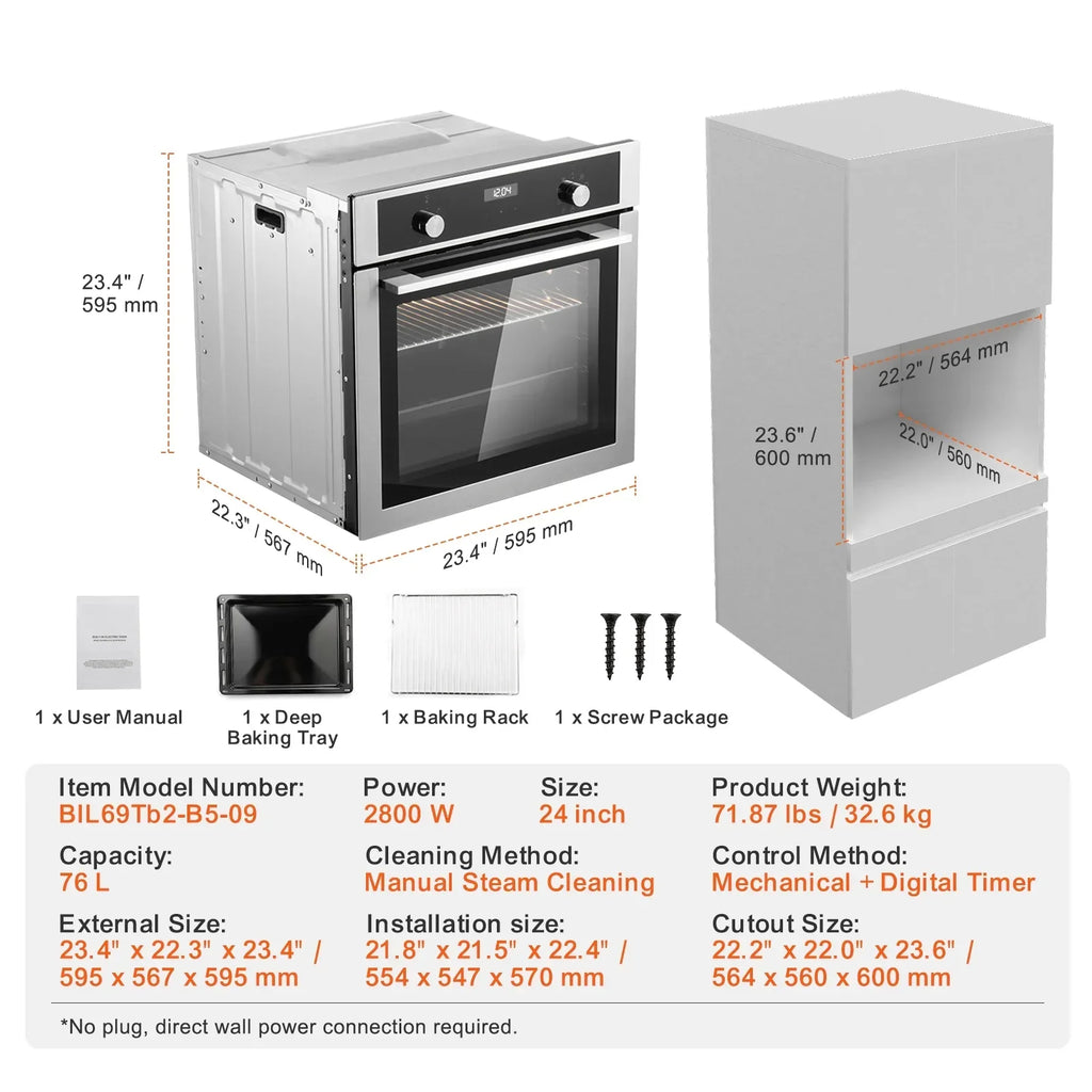2026 NewKFFKFF Single Wall Oven, 24" Electric Oven for Built-in Installation, Offers 9 Cooking Modes, 2.68 Cu.Ft Capacity, Includes Timer, 2800W Power